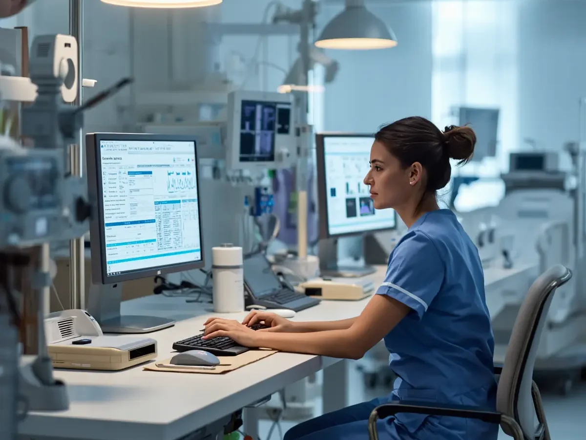 Nurse charting during her shift at the computer station.