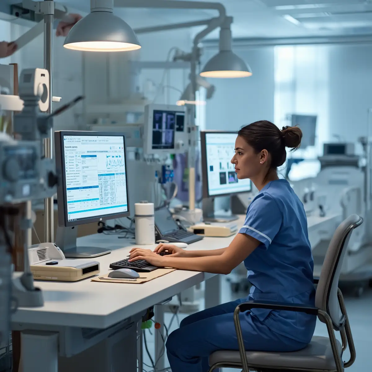 Nurse charting during her shift at the computer station.