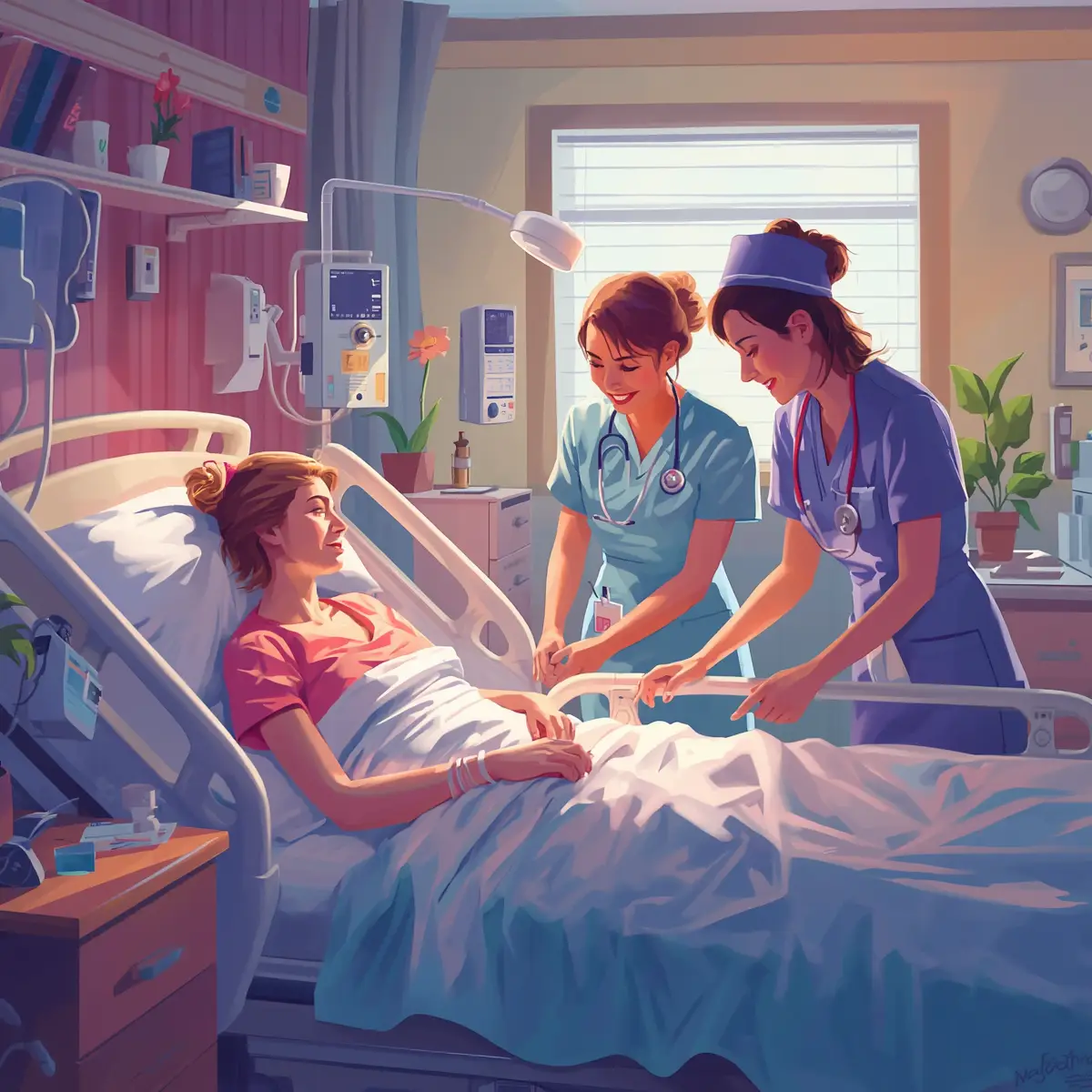 Nurses caring for patients at the bedside.