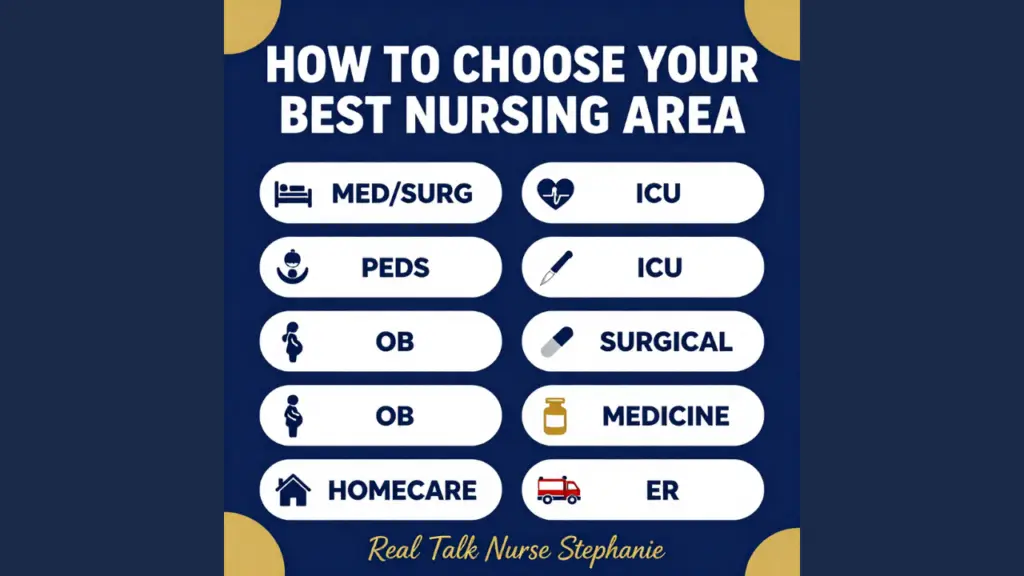 "YouTube thumbnail with bold text reading 'How to Choose Your Best Nursing Area' surrounded by colorful labels for different nursing specialties including Med/Surg, ICU, Peds, Surgical, OB, Medicine, Homecare, Psych, ER, and Oncology. Channel name 'Real Talk Nurse Stephanie' appears at bottom.